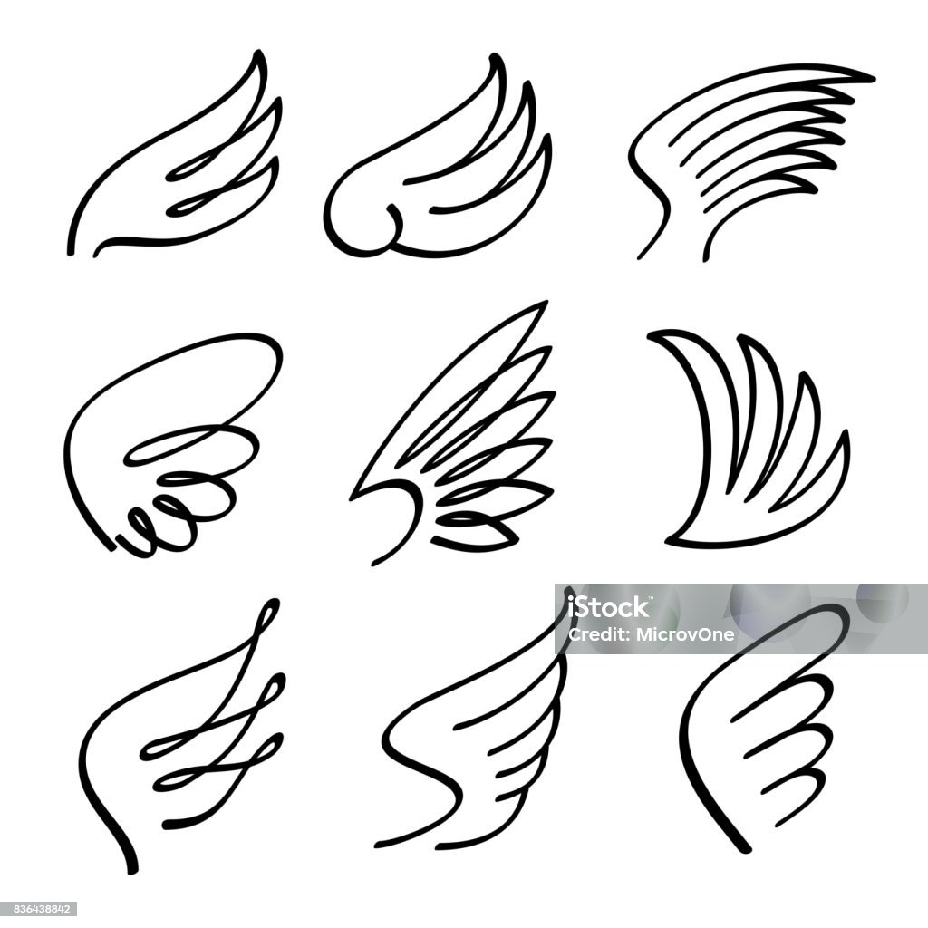 Cartoon angel wings vector set. Sketch doodle winged abstract emblems isolated on white background Cartoon angel wings vector set. Sketch doodle winged abstract emblems isolated on white background. Wing bird cartoon black illustration Animal Wing stock vector