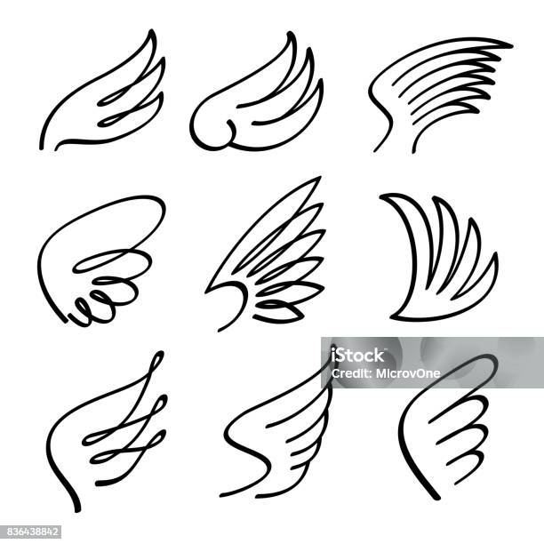 Cartoon Angel Wings Vector Set Sketch Doodle Winged Abstract Emblems Isolated On White Background Stock Illustration - Download Image Now