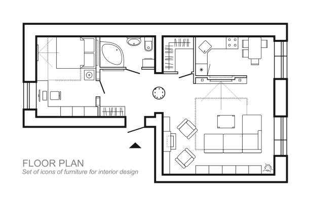 Architectural plan of a house. Layout of the apartment top view with the furniture in the drawing view. With bathroom living room and bedroom. The interior design project. Vector architectural icons. Architectural plan of a house. Layout of the apartment top view with the furniture in the drawing view. With bathroom living room and bedroom. The interior design project. floor plan illustrations stock illustrations