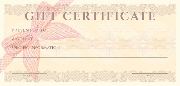 Voucher, Gift certificate, Coupon, ticket template. Guilloche pattern (bow watermark, spirograph). Background for banknote, money design, currency, bank note, check (cheque), ticket gift card template stock illustrations