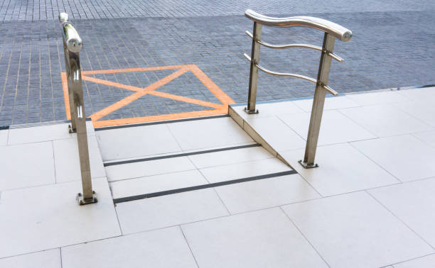istock Ramped access, using wheelchair ramp with information sign on floor 836449518