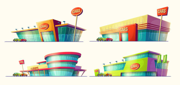 ilustrações, clipart, desenhos animados e ícones de conjunto de ilustrações dos desenhos animados, vários prédios, centros de venda de carro, aluguer de carro. - used car dealership