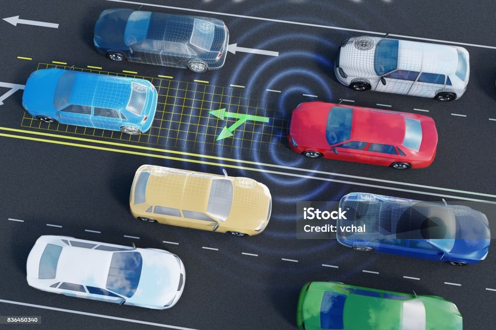 Autonomous self-driving car is analyzing traffic situation on the road with sensors and artificial intelligence. Autonomous Technology Stock Photo