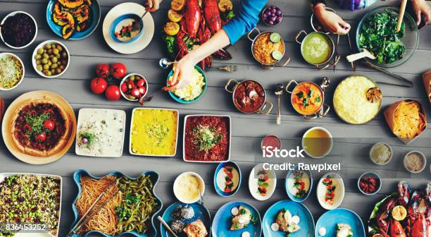 Diverse Food On The Table Stock Photo - Download Image Now - Fusion Food, Buffet, Cafe