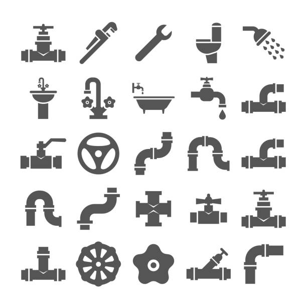 ilustraciones, imágenes clip art, dibujos animados e iconos de stock de ingeniería sanitaria, válvula, pipa, colección de iconos de objetos de servicio de plomería - plumber