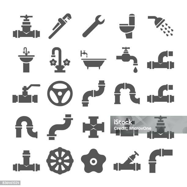 Collezione Icone Di Oggetti Di Servizio Per Lingegneria Sanitaria Valvola Tubo Impianto Idraulico - Immagini vettoriali stock e altre immagini di Icona