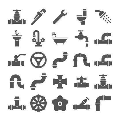 istock Sanitary engeneering, valve, pipe, plumbing service objects icons collection 836461024