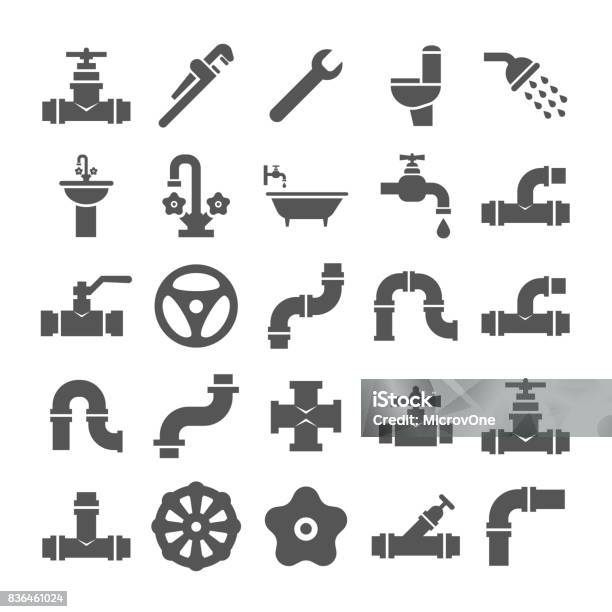 Sanitary Engeneering Valve Pipe Plumbing Service Objects Icons Collection Stock Illustration - Download Image Now