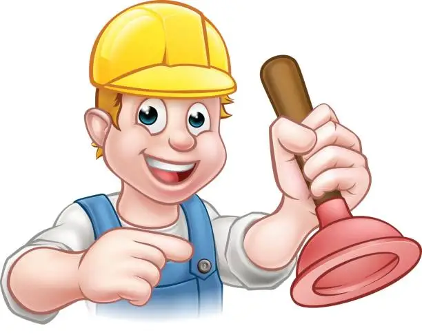 Vector illustration of Plumber Holding Plunger with Hard Hat