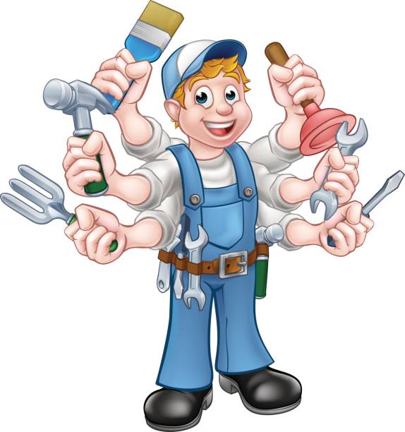 Cartoon Handyman A cartoon handyman holding lots of tools arm hammer stock illustrations