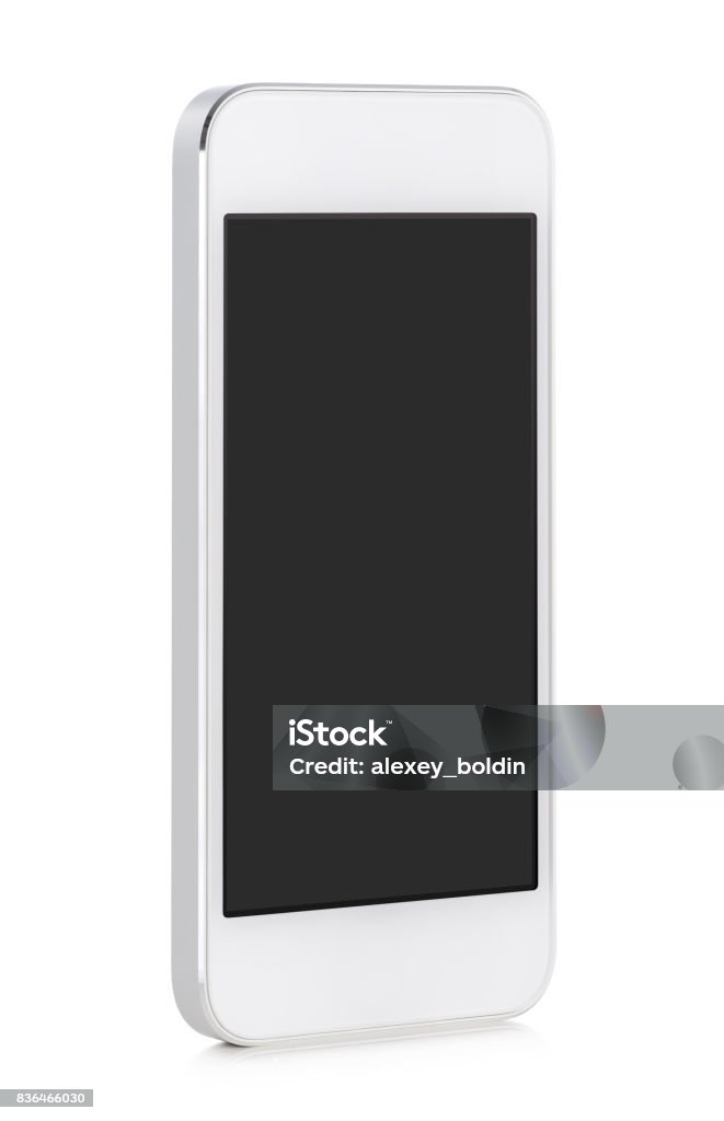 White modern mobile smart phone with blank screen Front view of a rotated at a slight angle white modern mobile smart phone with blank black screen isolated on white background. Computer Monitor Stock Photo