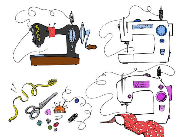 elektryczna maszyna do szycia ręczna i maszyna do szycia, zestaw - guzik artykuł do szycia stock illustrations