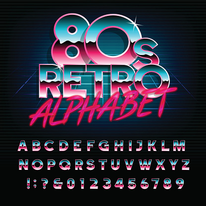 80's retro alphabet font. Metallic effect type letters and numbers. Vector typeface for your design.