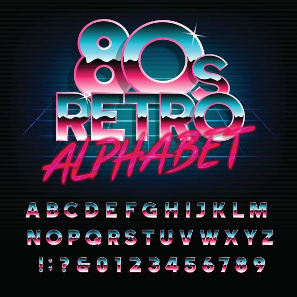 80's retro alphabet font. Type letters and numbers. 80's retro alphabet font. Metallic effect type letters and numbers. Vector typeface for your design. 80s stock illustrations