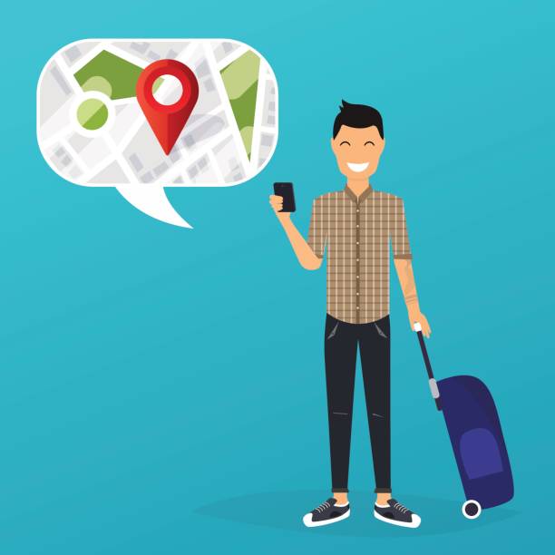 ilustrações de stock, clip art, desenhos animados e ícones de young man holding mobile smart phone with mobile gps searching point on the city map. vector modern flat creative info graphics design on search app. flat design modern vector illustration concept. - people traveling global positioning system travel mobile phone