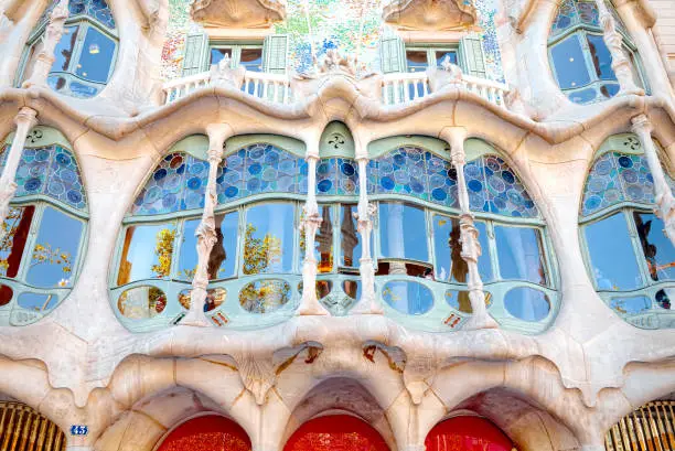 Facade of Casa Batlló by the architect Antoni Gaudí, located in Barcelona, Spain at civic 43 of Passeig de Gràcia.