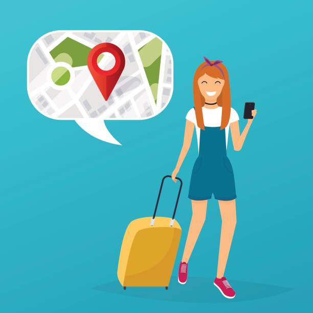 ilustrações de stock, clip art, desenhos animados e ícones de young woman holding mobile smart phone with mobile gps searching point on the city map. vector modern flat creative info graphics design on search app. flat design modern vector illustration concept. - people traveling global positioning system travel mobile phone