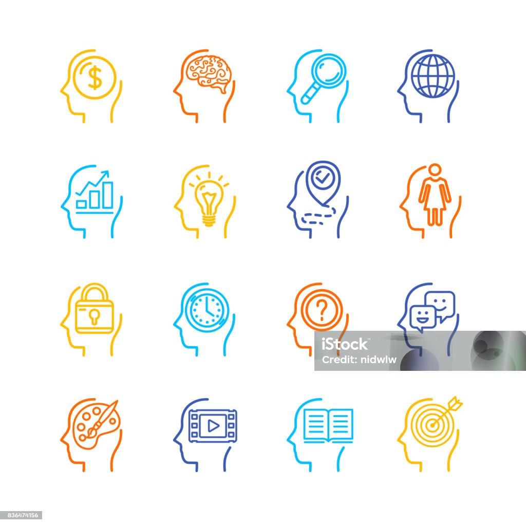 Symbol Human Mind Color Thin Line Icon Set. Vector Symbol Human Mind Color Thin Line Icon Set Symbol of Inspiration, Knowledge and Learning. Vector illustration Mental Wellbeing stock vector