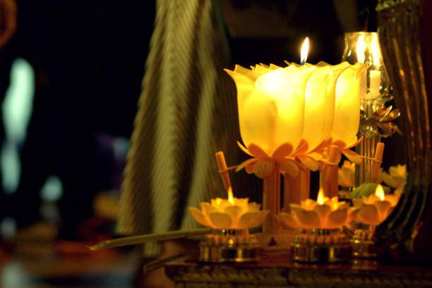 Candle lit thai culture walk in Asalha Puja day, Magha Puja day, Visakha Puja Day stock photo