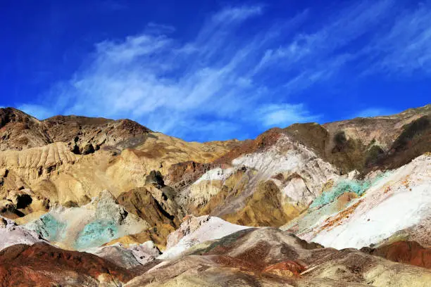 The variegated slopes of Artists Palette in Death Valley, California. Various mineral pigments have colored the volcanic deposits found here.
