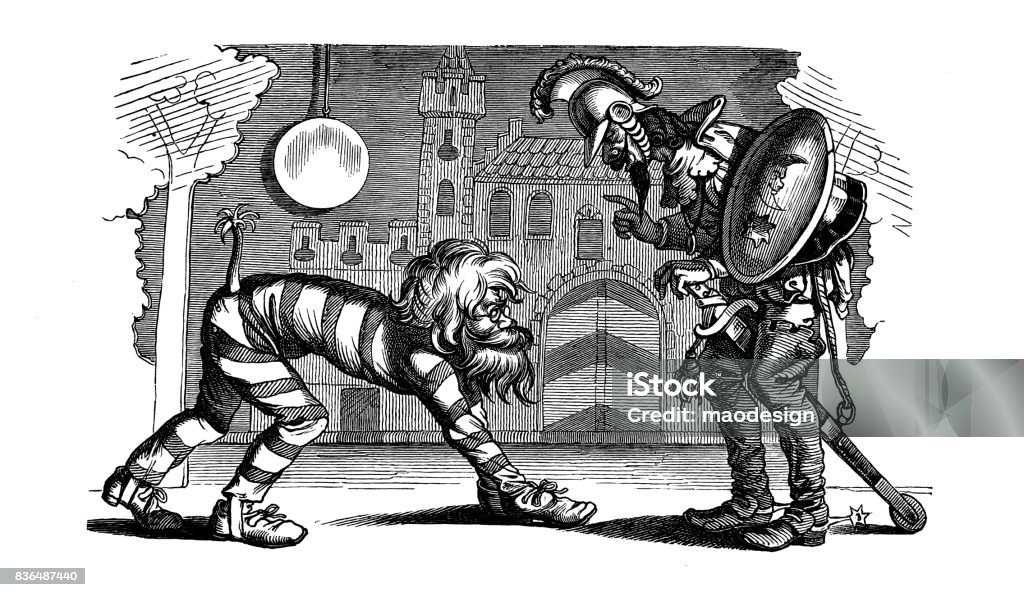 The castle guard warns the elderly man who walks like a lion in costume - 1867 1860-1869 stock illustration