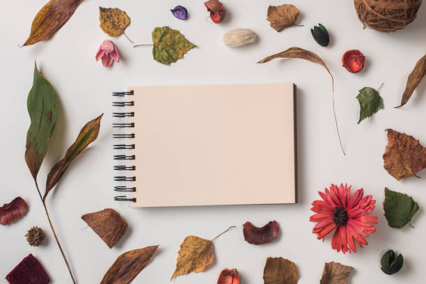 istock Autumn background with yellow sketchbook mock up 836491368