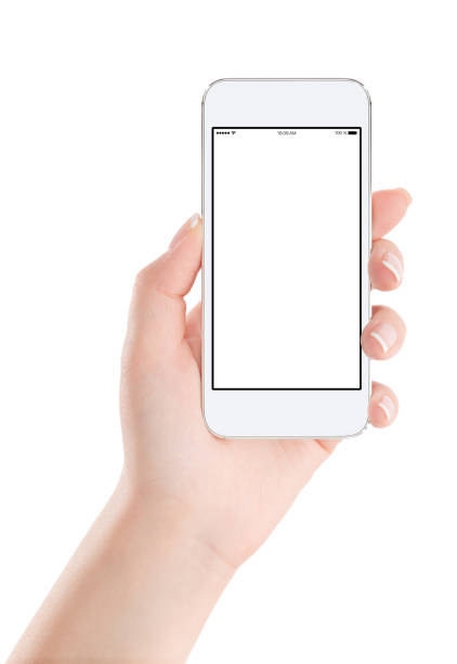 Female hand holding modern white mobile smartphone mockup with blank screen isolated on white background.