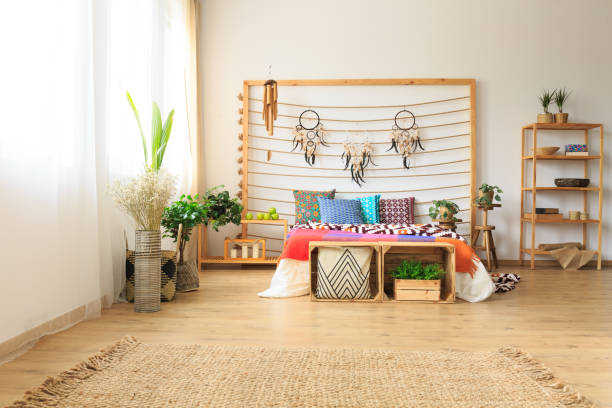 istock Bedroom with rug and shelves 836497780