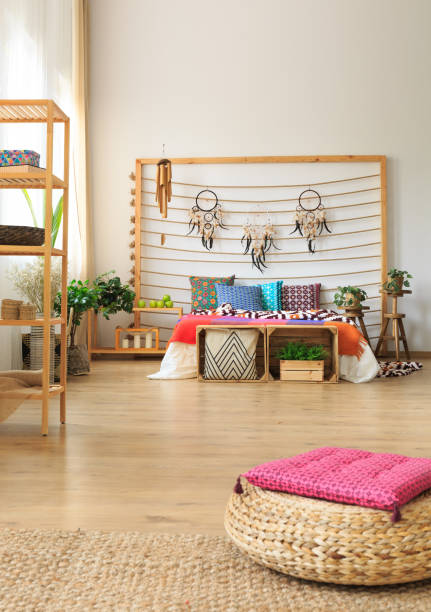 istock Bedroom with shelves and ottoman 836497788