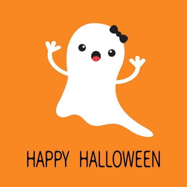 Funny flying baby girl ghost with black bow. Smiling face. Happy Halloween. Greeting card. Cute cartoon character. Scary spirit. Kids collection. Orange background. Flat design. Funny flying baby girl ghost with black bow. Smiling face. Happy Halloween. Greeting card. Cute cartoon character. Scary spirit. Kids collection. Orange background. Flat design. Vector illustration girl levitating stock illustrations
