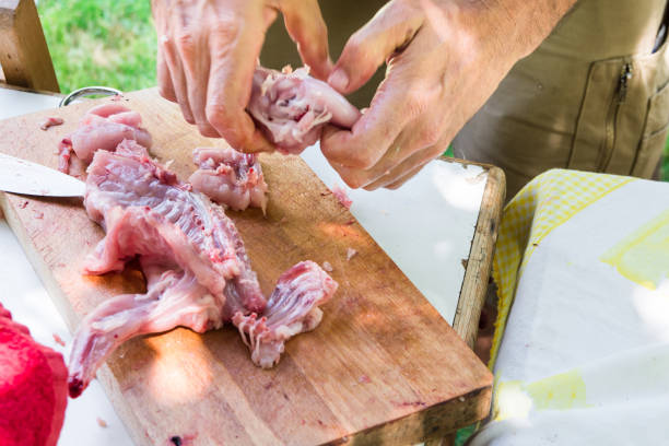 istock Man's hands cutting and disjointing raw rabbit meat. Preparing ingredients for cooking paella jambalaya, barbecue. Outdoor picnic, weekend, summer. Lifestyle. 836501714