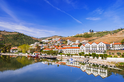 Vineyards and landscape of the Douro river region. Pinhao village, Portugal