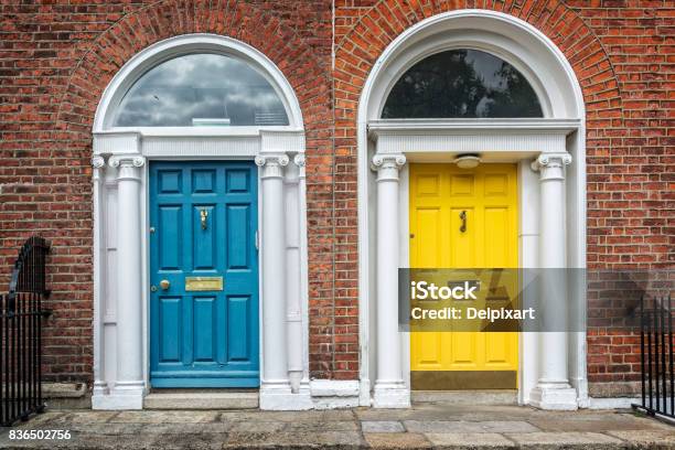 Blue And Yellow Classic Doors In Dublin Example Of Georgian Typical Architecture Of Dublin Ireland Stock Photo - Download Image Now