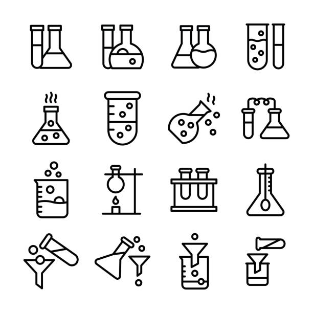 sada vektorových ikon čar cesty - laboratorní baňka stock ilustrace