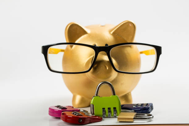 당신의 돈의 잠금 - piggy bank savings internet finance 뉴스 사진 이미지