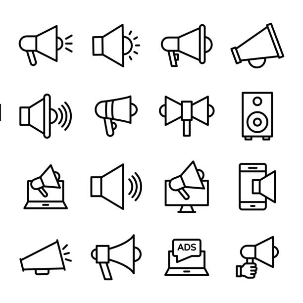 ankündigung-linie vector icons set - conference phone illustrations stock-grafiken, -clipart, -cartoons und -symbole
