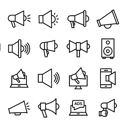 New announcement or advertisement ! this line vector icons set composed with loudhailer, bull horn, promote, speaker, advertise, promotion, and speaker, advertisement and announcement line vector icons.