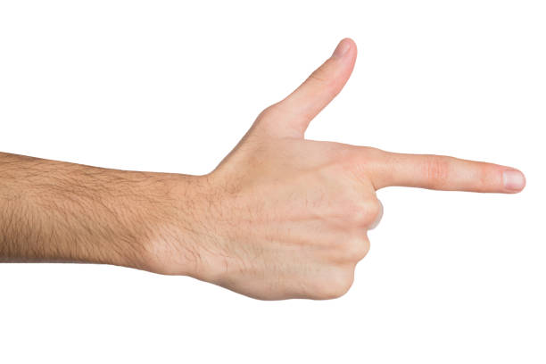 istock Male hand pointing on object with index finger isolated on white 836510822