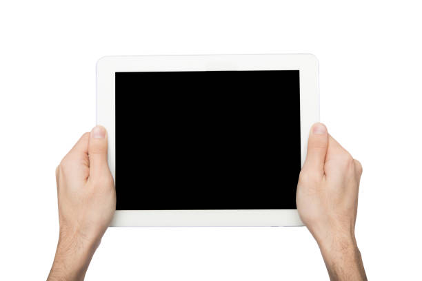 istock Man holding digital tablet with blank screen isolated on white 836514780