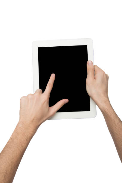istock Man holding digital tablet with blank screen isolated on white 836514944