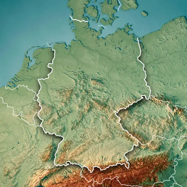 3D Render of a Topographic Map of Germany.
All source data is in the public domain.
Color texture: Made with Natural Earth. 
http://www.naturalearthdata.com/downloads/10m-raster-data/10m-cross-blend-hypso/
Boundaries Level 0: Humanitarian Information Unit HIU, U.S. Department of State (database: LSIB)
http://geonode.state.gov/layers/geonode%3ALSIB7a_Gen
Relief texture and Rivers: SRTM data courtesy of USGS. URL of source image: 
https://e4ftl01.cr.usgs.gov//MODV6_Dal_D/SRTM/SRTMGL1.003/2000.02.11/
Water texture: SRTM Water Body SWDB:
https://dds.cr.usgs.gov/srtm/version2_1/SWBD/