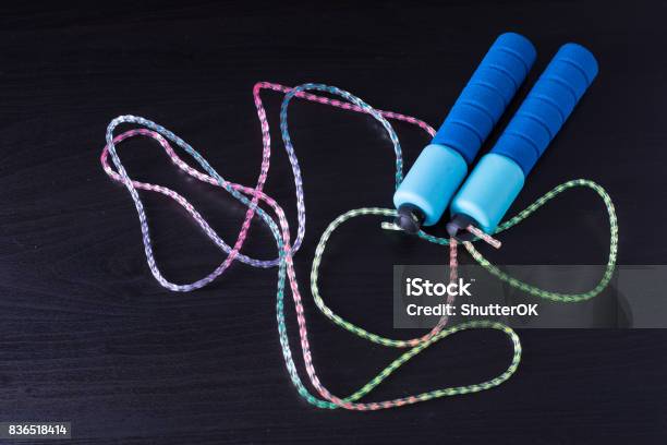 Blue Skipping Rope Stock Photo - Download Image Now - Activity, Black Color, Childhood