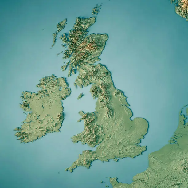 3D Render of a Topographic Map of the United Kingdom.
All source data is in the public domain.
Color texture: Made with Natural Earth. 
http://www.naturalearthdata.com/downloads/10m-raster-data/10m-cross-blend-hypso/
Relief texture and Rivers: SRTM data courtesy of USGS. URL of source image: 
https://e4ftl01.cr.usgs.gov//MODV6_Dal_D/SRTM/SRTMGL1.003/2000.02.11/
Water texture: SRTM Water Body SWDB:
https://dds.cr.usgs.gov/srtm/version2_1/SWBD/