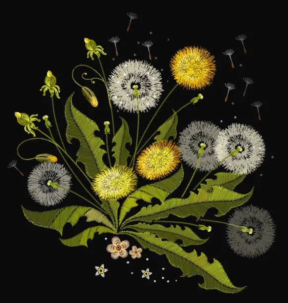 Vector illustration of Dandelions embroidery. Beautiful dandelions, summer flowers, classical embroidery, template for clothes and textiles, t-shirt design