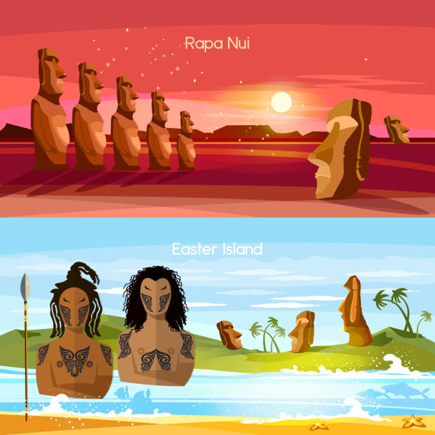 illustrazioni stock, clip art, cartoni animati e icone di tendenza di bandiere dell'isola di pasqua, statue moai del paesaggio dell'isola di pasqua polinesia. idoli di pietra. turismo e vacanza sfondo tropicale. persone dell'isola di pasqua, tradizione e cultura - easter island moai statue chile sculpture