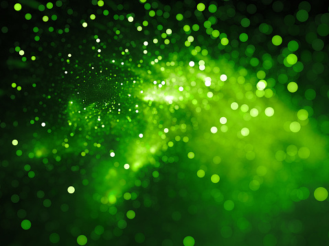 Green glowing nebula with stars in bokeh, depth of field, computer generated abstract background, 3D rendering