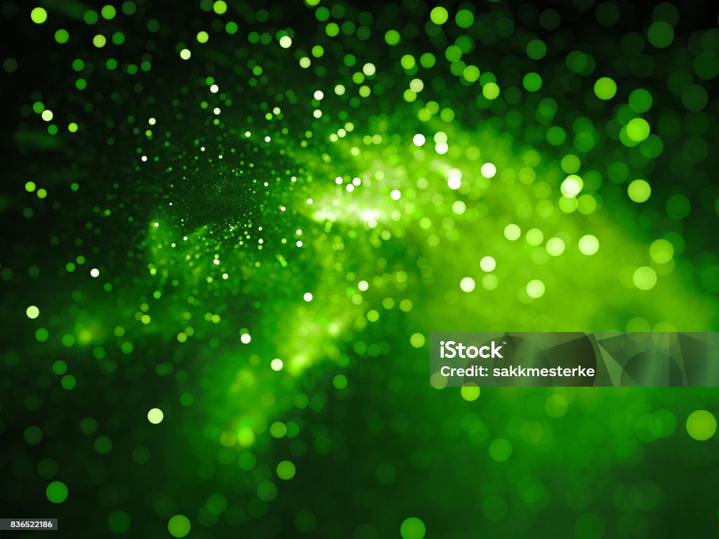 Green glowing nebula with stars in bokeh, depth of field Green glowing nebula with stars in bokeh, depth of field, computer generated abstract background, 3D rendering Green Color Stock Photo