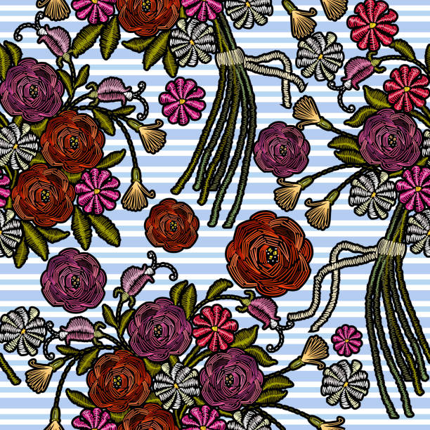istock Embroidery bouquet of summer flowers seamless pattern. Roses, chamomiles, classical embroidery seamless pattern bouquet of beautiful flowers on blue stripes background. Fashion t-shirt design 836523004