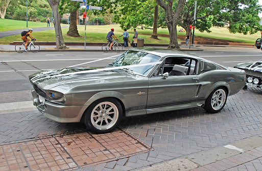 Sydney, Australia - November 02, 2015: Side view of a classic silver car rented as a part of wedding cortege. This is Shelby 1967 Mustang GT500 model