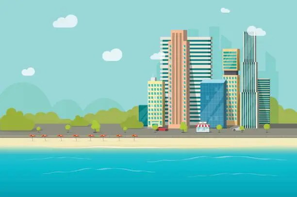 Vector illustration of Big city near ocean beach vector illustration, flat cartoon high city skyscraper buildings from sea view, modern town landscape, urban cityscape or shore